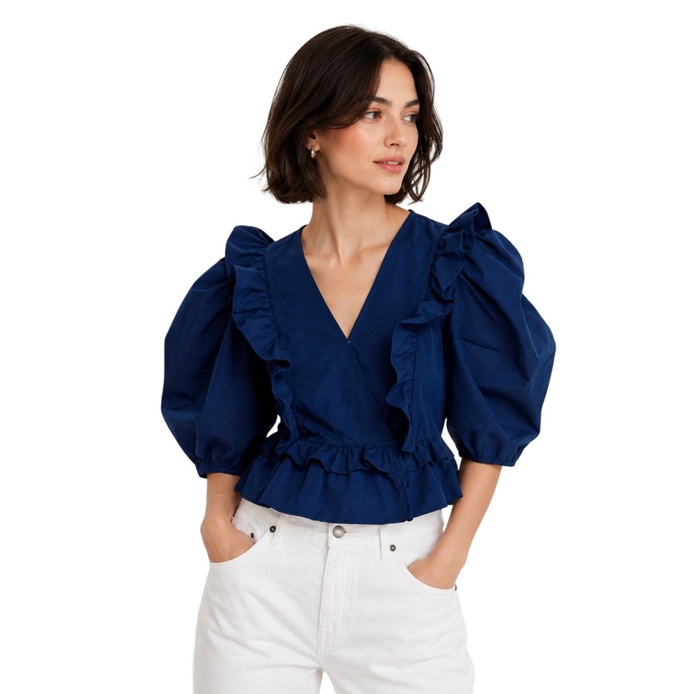 AQUA Navy Ruffle Puff Sleeve Wrap Blouse XS Romantic Statement Top